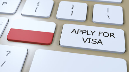 Poland, Apply for Visa Concept. Button Push 3D Illustration. Visa Apply for Country or Government...