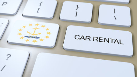 Rhode Island State Flag with Car Rental Text Button 3D Illustrationの写真素材