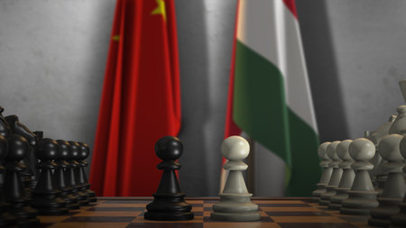 Hungary And China National Flags. Politics And Conflict 3D Illustration. Chess Board Game Play.の写真素材