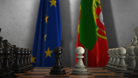 Portugal And EU Flags. Politics And Conflict Concept 3D Illustration. Chess Board Game Play.の写真素材