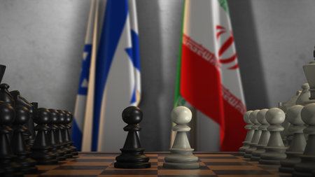 Iran and Israel National Flags with Chess Game 3D Illustration. Politics Concept, Government Conflict.の写真素材