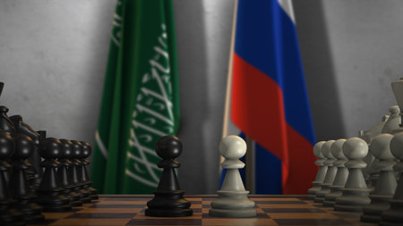 Saudi Arabia and Russia National Flags with Chess Game 3D Illustration. Politics Concept, Government Conflict.の写真素材