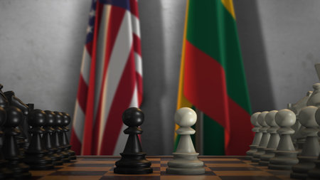 Lithuania and USA National Flags with Chess Board 3D Illustration. Politics of Government or Conflict of Countries Concept.の写真素材