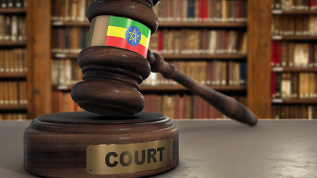 Ethiopia Flag on Judge Gavel or Hammer in Court with Word Court 3D Illustration.の写真素材