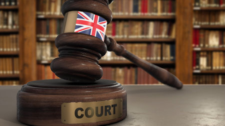 United Kingdom Flag on Judge Gavel or Hammer in Court with Word Court 3D Illustration.