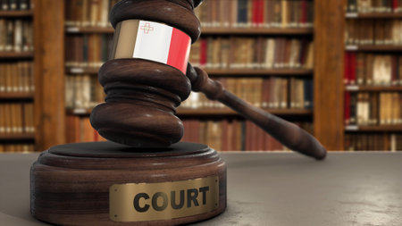 Malta Flag on Judge Gavel or Hammer in Court with Word Court 3D Illustration.