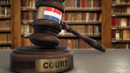 Netherlands Flag on Judge Gavel or Hammer in Court with Word Court 3D Illustration.の写真素材