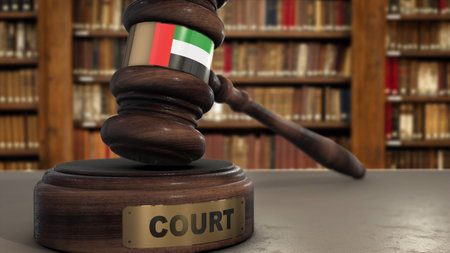 UAE Flag on Judge Gavel or Hammer in Court with Word Court 3D Illustration.の写真素材