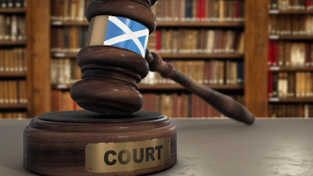 Scotland Flag on Judge Gavel or Hammer in Court with Word Court 3D Illustration.