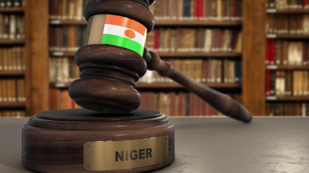 Niger Flag on Judge Gavel or Hammer in Court with Country Name. Legal System 3D Illustration.の写真素材