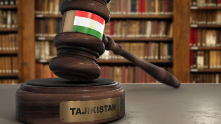 Tajikistan Flag on Judge Gavel or Hammer in Court with Country Name. Legal System 3D Illustration.の写真素材