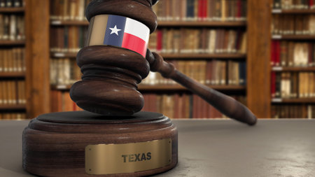 Texas Flag on Judge Gavel or Hammer in Court with State Name. Legal System 3D Illustration.の写真素材