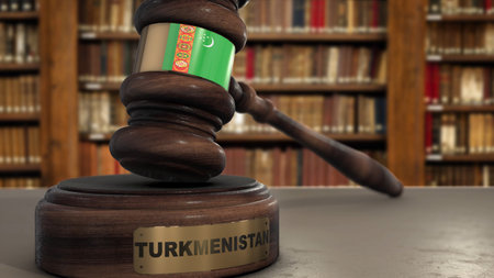 Turkmenistan Flag on Judge Gavel or Hammer in Court with Country Name. Legal System 3D Illustration.の写真素材
