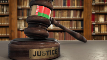 Belarus Flag on Judge Hammer in Court with Word Justice. Justice System 3D Illustration.の写真素材