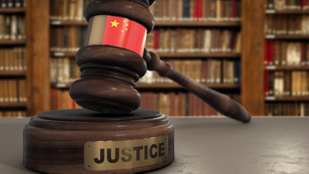 China Flag on Judge Hammer in Court with Word Justice. Justice System 3D Illustration.の写真素材