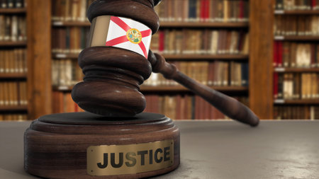 Florida Flag on Judge Hammer in Court with Word Justice. Justice System 3D Illustration.の写真素材