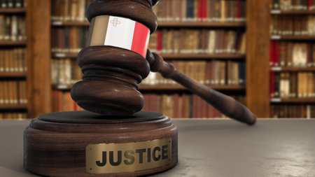 Malta Flag on Judge Hammer in Court with Word Justice. Justice System 3D Illustration.の写真素材