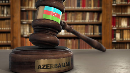 Azerbaijan Flag on Judge Gavel or Hammer in Court with Country Name. Legal System 3D Illustration.の写真素材