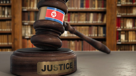 North Korea Flag on Judge Hammer in Court with Word Justice. Justice System 3D Illustration.の写真素材