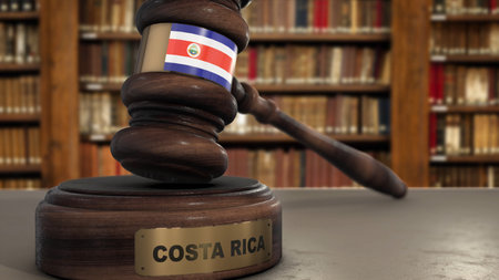 Costa Rica Flag on Judge Gavel or Hammer in Court with Country Name. Legal System 3D Illustration.の写真素材