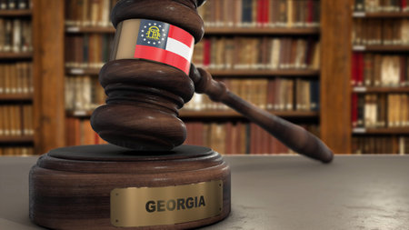 Georgia Flag on Judge Gavel or Hammer in Court with State Name. Legal System 3D Illustration.の写真素材
