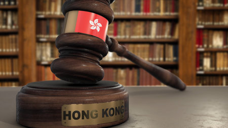 Hong Kong Flag on Judge Gavel or Hammer in Court with Country Name. Legal System 3D Illustration.の写真素材