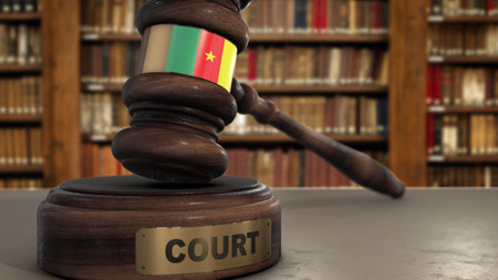Cameroon Flag on Judge Gavel or Hammer in Court with Word Court 3D Illustration.の写真素材