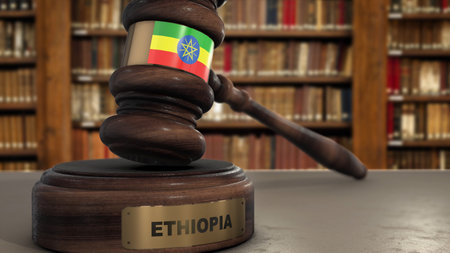 Ethiopia Flag on Judge Gavel or Hammer in Court with Country Name. Legal System 3D Illustration.の写真素材