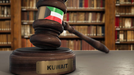 Kuwait Flag on Judge Gavel or Hammer in Court with Country Name. Legal System 3D Illustration.の写真素材