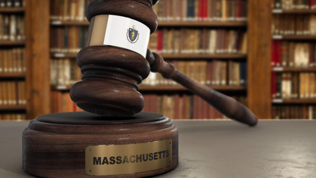 Massachusetts Flag on Judge Gavel or Hammer in Court with State Name. Legal System 3D Illustration.