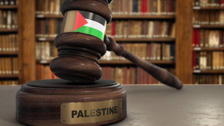 Palestine Flag on Judge Gavel or Hammer in Court with Country Name. Legal System 3D Illustration.の写真素材