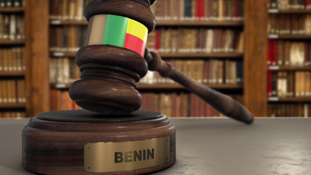 Benin Flag on Judge Gavel or Hammer in Court with Country Name. Legal System 3D Illustration.の写真素材
