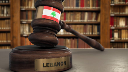Lebanon Flag on Judge Gavel or Hammer in Court with Country Name. Legal System 3D Illustration.の写真素材