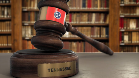 Tennessee Flag on Judge Gavel or Hammer in Court with State Name. Legal System 3D Illustration.の写真素材