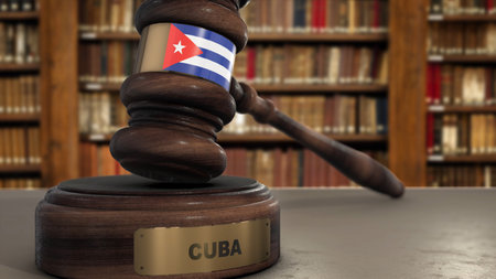 Cuba Flag on Judge Gavel or Hammer in Court with Country Name. Legal System 3D Illustration.の写真素材