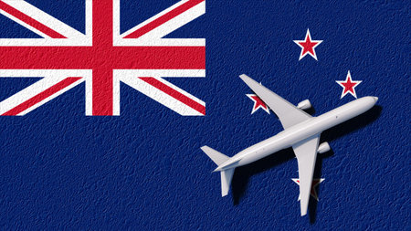 New Zealand National Flag And Airplane Fly. Aircraft Flies To Country. Flight And Travel 3D Illustration.の写真素材