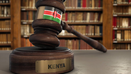 Kenya Flag on Judge Gavel or Hammer in Court with Country Name. Legal System 3D Illustration.の写真素材