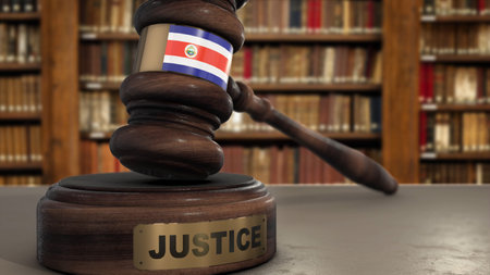 Costa Rica Flag on Judge Hammer in Court with Word Justice. Justice System 3D Illustration.の写真素材