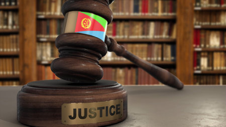 Eritrea Flag on Judge Hammer in Court with Word Justice. Justice System 3D Illustration.の写真素材
