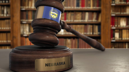 Nebraska Flag on Judge Gavel or Hammer in Court with State Name. Legal System 3D Illustration.の写真素材