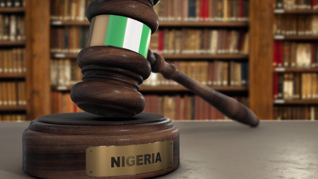 Nigeria Flag on Judge Gavel or Hammer in Court with Country Name. Legal System 3D Illustration.の写真素材