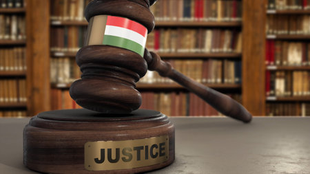 Hungary Flag on Judge Hammer in Court with Word Justice. Justice System 3D Illustration.の写真素材