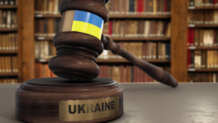 Ukraine Flag on Judge Gavel or Hammer in Court with Country Name. Legal System 3D Illustration.の写真素材