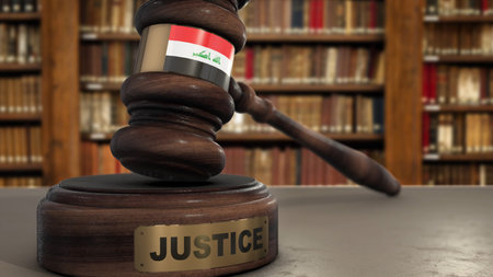 Iraq Flag on Judge Hammer in Court with Word Justice. Justice System 3D Illustration.の写真素材