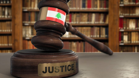 Lebanon Flag on Judge Hammer in Court with Word Justice. Justice System 3D Illustration.の写真素材