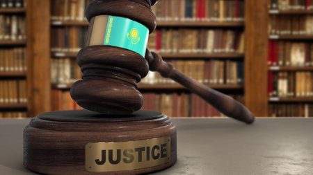 Kazakhstan Flag on Judge Hammer in Court with Word Justice. Justice System 3D Illustration.の写真素材