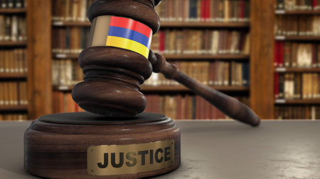Armenia Flag on Judge Hammer in Court with Word Justice. Justice System 3D Illustration.の写真素材