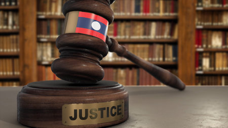 Laos Flag on Judge Hammer in Court with Word Justice. Justice System 3D Illustration.の写真素材