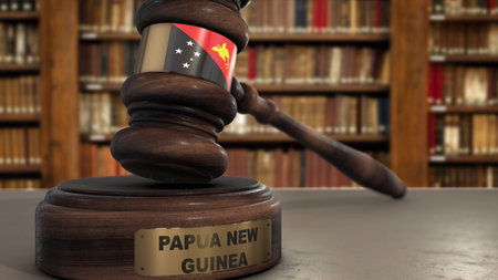 Papua New Guinea Flag on Judge Gavel or Hammer in Court with Country Name. Legal System 3D Illustration.の写真素材