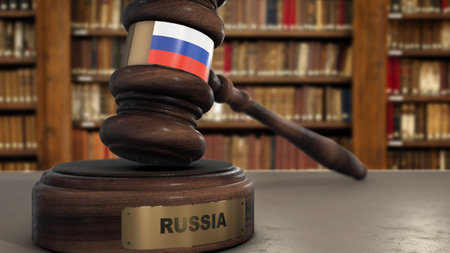 Russia Flag on Judge Gavel or Hammer in Court with Country Name. Legal System 3D Illustration.の写真素材